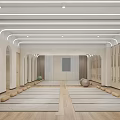 Modern Yoga Studio Interior For Fitness With Yoga Mats Wooden Floors Arched Doors And Lockers