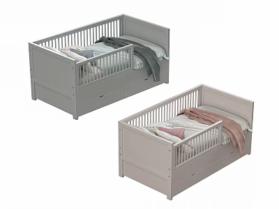 Gray and Light Pink Kids Beds with Guardrails Storage Drawers and Soft Bedding 3d model