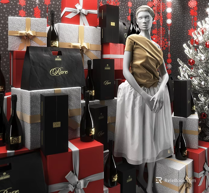 Christmas Shop Window Display Featuring Dior Shopping Bag Gift Boxes Wine Bottles Mannequin and Decorated Tree 3d model 