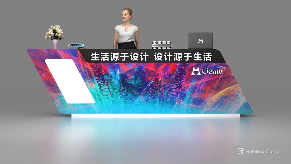 Modern Reception Desk With Colorful Illuminated Design Female Staff And Brand Logo 3d model 
