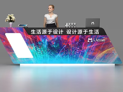 Modern Reception Desk With Colorful Illuminated Design Female Staff And Brand Logo 3d model