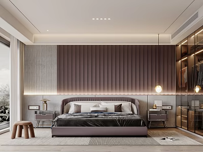Modern Bedroom Interior Design With Vertical Panel Headboard Wall Nightstands And Table Lamps 3d model