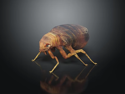 Realistic Brown Textured Beetle With Oval Body Six Legs On Black Reflective Surface 3d model