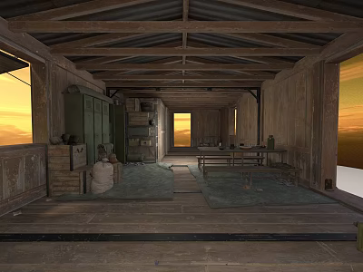 Modern Rustic Interior Space With Exposed Wooden Beams Walls Floors Cabinets Table And Sunset Light 3d model