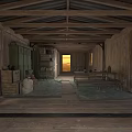 Modern Rustic Interior Space With Exposed Wooden Beams Walls Floors Cabinets Table And Sunset Light