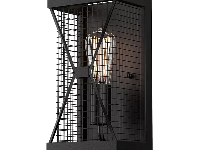 Industrial Style Wall Sconce with Black Metal Grid Design and Vintage Bulb 3d model