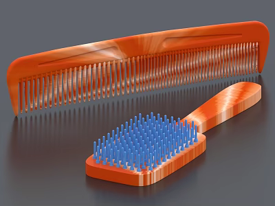 Essential Daily Use Comb and Brush with Orange Handles and Blue Bristles 3d model