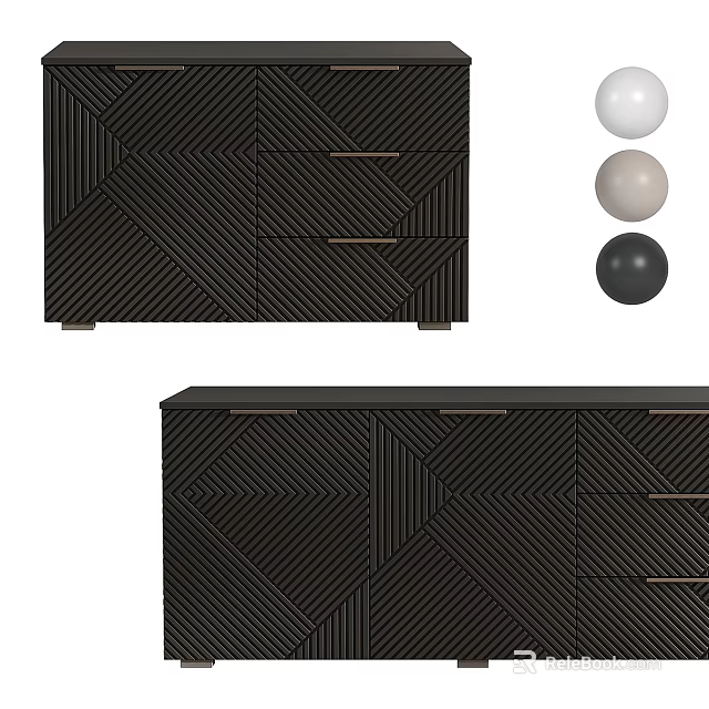 Modern Black Entryway Side Cabinet With Geometric Pattern And Metal Handles 3d model 