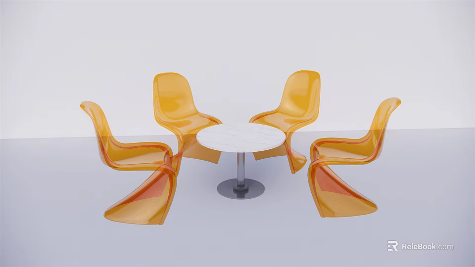 Contemporary White Round Table With Four Orange Transparent Chairs 3d model