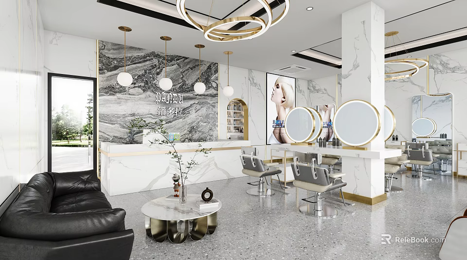 Modern Beauty Salon Interior With Round Mirrors Styling Chairs And Marble Accents 3d model 