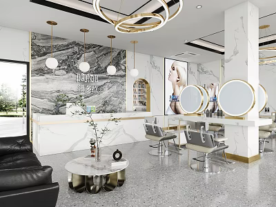 Modern Beauty Salon Interior With Round Mirrors Styling Chairs And Marble Accents 3d model