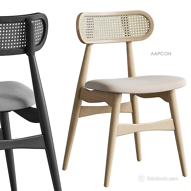 Woven Backrest Leisure Chairs With Wooden Legs Soft Cushioned Seats In Black And Light Wood 3d model 