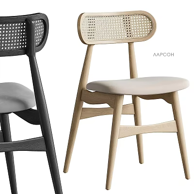 Woven Backrest Leisure Chairs With Wooden Legs Soft Cushioned Seats In Black And Light Wood 3d model