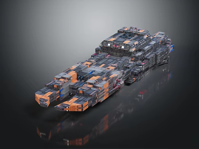 Futuristic Interstellar Spaceship with Complex Modular Structure Gray Orange Mechanical Details 3d model