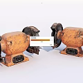 Two Vintage Orange Industrial Grinding Equipment With Metal Bases And Black Wheels