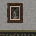 Portrait Painting In Brown Carved Frame On Light Floral Wallpaper Background With Dark Furniture Top