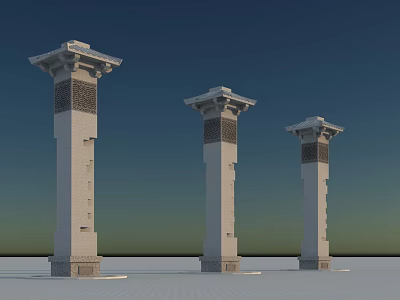 Garden Landscape With Three Classical Stone Pillars And Ornate Carved Details 3d model