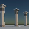 Garden Landscape With Three Classical Stone Pillars And Ornate Carved Details