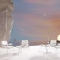 Outdoor Table Arrangement With Colorful Chairs And Seaside View Under Sunset Sky