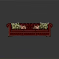 Red Leather Tufted Three Seater Sofa With Patterned Decorative Pillows And Classic Design