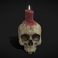Skull Shaped Candle Lamp With Lit Red Candle And Dripping Wax