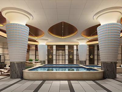 Luxurious SPA Sauna Interior With Circular Pool Decorative Columns And Wooden Ceiling 3d model
