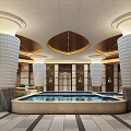Luxurious SPA Sauna Interior With Circular Pool Decorative Columns And Wooden Ceiling
