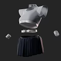 Gray High Neck Short Sleeved Cropped Top with Black Pleated Skirt Belt and Arm Sleeves