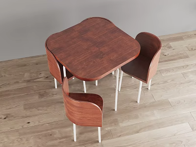 Square Wooden Dining Table With Four Chairs And White Legs On Wooden Floor 3d model