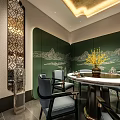 Elegant Modern Restaurant Interior With Wooden Counter Hanging Lamps Green Plants And Seating Areas