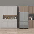 Modern Minimalist Sideboard Storage With White Wooden Grey Panels Open Shelves And Decor Items