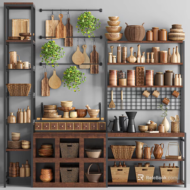 Organized Kitchen Shelves With Wooden Kitchenware Jars Bowls Baskets Hanging Utensils And Green Plants 3d model 
