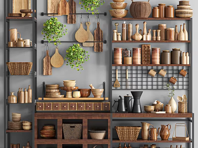 Organized Kitchen Shelves With Wooden Kitchenware Jars Bowls Baskets Hanging Utensils And Green Plants 3d model
