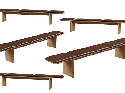 Set Of Wooden Benches With Brown Padded Seats And Sturdy Legs 3d model
