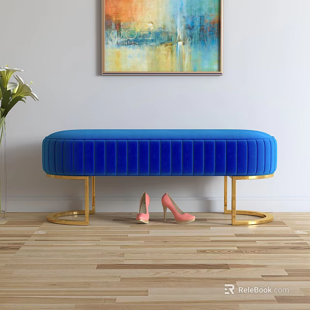 Blue Velvet Tufted Sofa Bench With Gold Round Base And Pink High Heels 3d model 