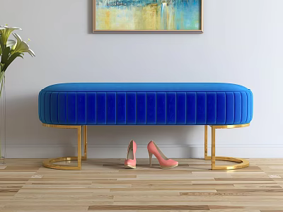 Blue Velvet Tufted Sofa Bench With Gold Round Base And Pink High Heels 3d model