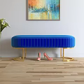 Blue Velvet Tufted Sofa Bench With Gold Round Base And Pink High Heels
