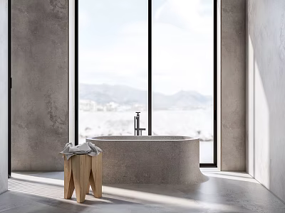 Concrete Bathtub in Modern Bathroom with Large Window and Mountain View Wooden Stool Holding Towel 3d model