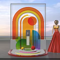 Colorful Rainbow Arch Photo Check-in Spot With Circular Decorations Transparent Stand And Sky Sea Background