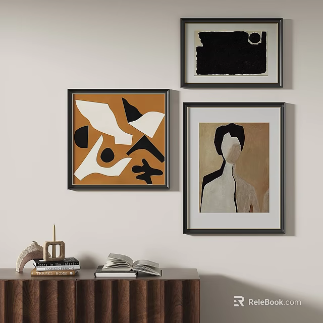 Abstract Painting Framed Artwork On Interior Wall With Books And Decorative Objects 3d model