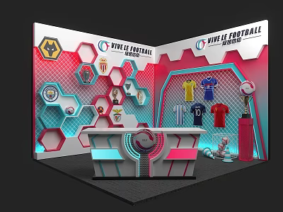 PURE FOOTBALL Exhibition Booth With Football Jerseys Trophy And Hexagon 3d model