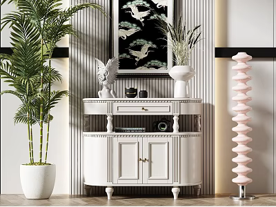 Elegant Modern White Console Cabinet With Decorative Statue Vase Potted Plant And Wall Art 3d model