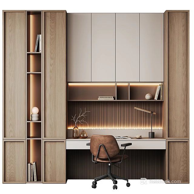 Modern Style Wooden Desk with Bookshelves LED Strip Lights Table Lamp Decorations and Brown Chair 3d model 