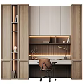 Modern Style Wooden Desk with Bookshelves LED Strip Lights Table Lamp Decorations and Brown Chair
