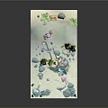 Cartoon Underwater Beach Scene with Transparent Water Jellyfish Fish Underwater Plants Palm Trees and Cabin