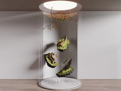 Modern Hanging Garden Decor In Transparent Cylinder With Circular Top Light Green Moss And Branches 3d model
