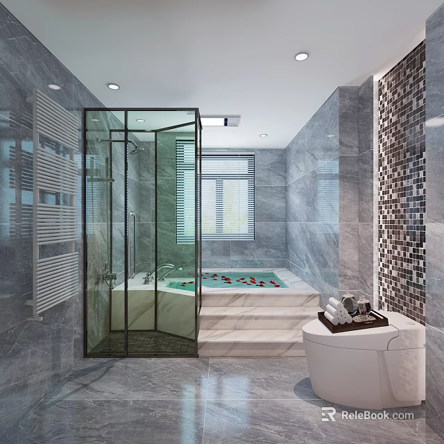 Modern Luxury Marble Bathroom Interior With Glass Shower Enclosure And Comfortable Built In Bathtub 3d model 