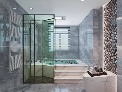 Modern Luxury Marble Bathroom Interior With Glass Shower Enclosure And Comfortable Built In Bathtub 3d model