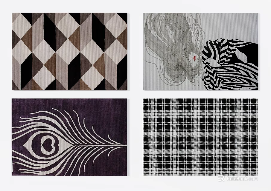 Square Area Carpets with Geometric Peacock Feather Zebra and Plaid Patterns 3d model