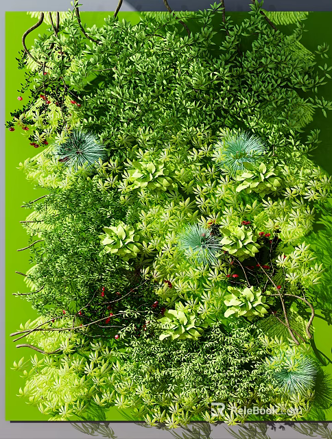 Lush Vertical Living Plant Wall With Diverse Green Foliage And Red Berries 3d model 